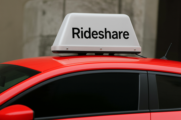 A bright red car with tinted windows is shown with a rooftop sign that reads “Rideshare” in bold black letters. The vehicle is parked outdoors with a neutral background.