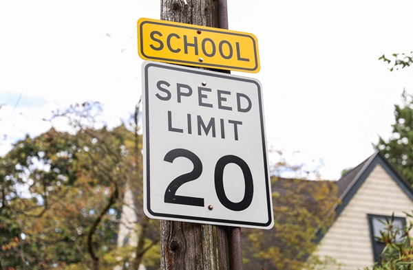 School zone speed limit 20 sign posted on a wooden pole in a residential area.
