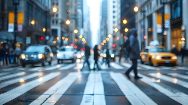 A blurred, low-angle photo of a busy urban intersection with a pedestrian crosswalk, showing cars and several people walking across the street amidst the glowing bokeh of streetlights.