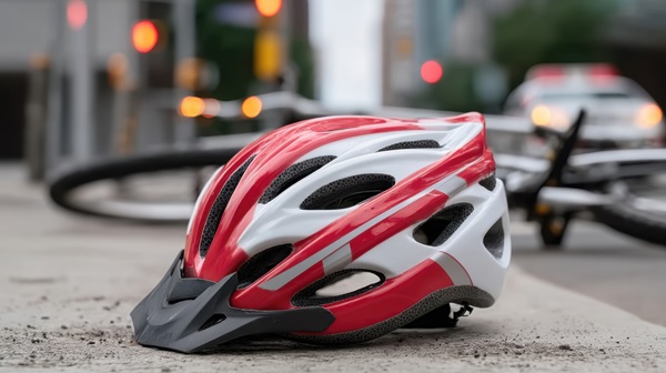 A close-up of a red and white bicycle helmet resting on the asphalt in the foreground, with a fallen bicycle and the blurred lights of a first responder vehicle visible in the background of a Chicago city street.