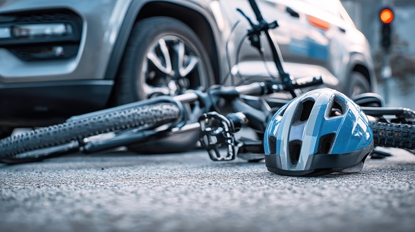 A low-angle shot on a paved road shows a blue and black bicycle helmet lying in the foreground next to a fallen mountain bike. In the blurred background, a silver SUV is parked near a traffic light.
