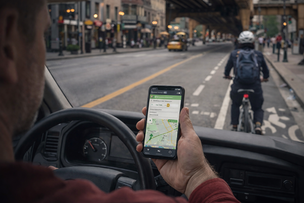 Distracted delivery driver using navigation app while driving near cyclist in Chicago bike lane, highlighting risk of bicycle accidents