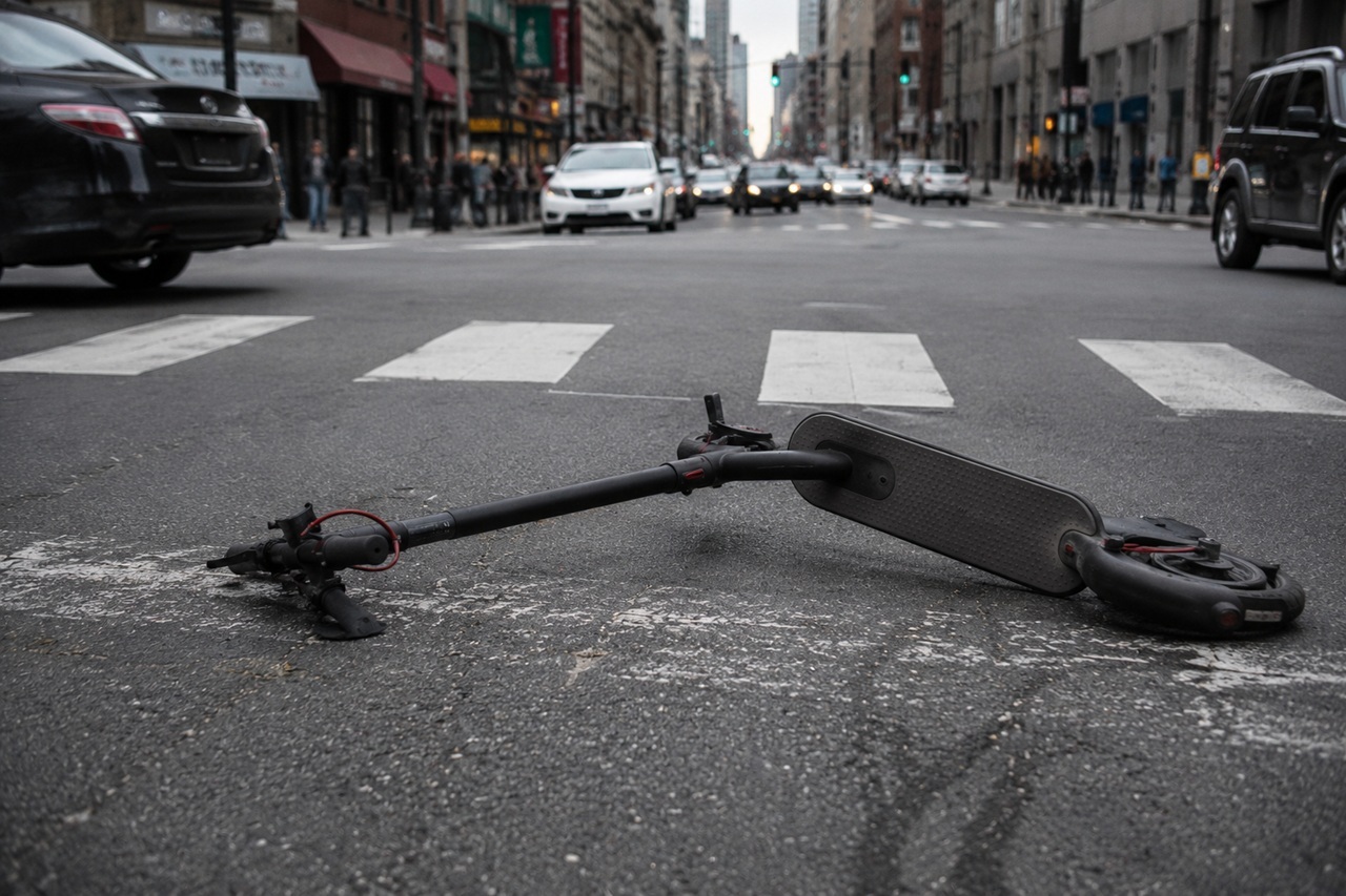 An electric scooter lies abandoned on its side in the middle of a busy Chicago street near a crosswalk with city traffic in the background, illustrating the dangers that prompt safety campaigns for e-scooter riders who are struck or killed.