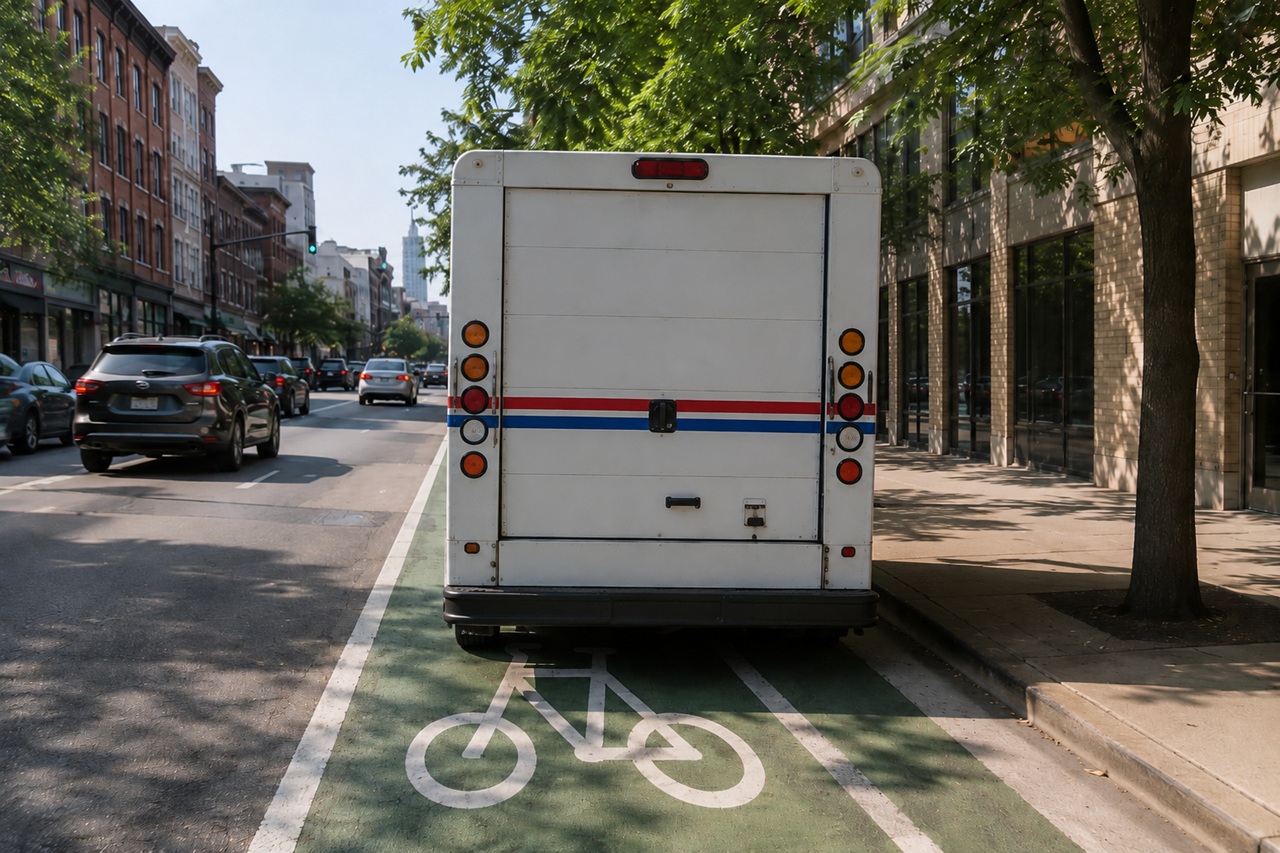 The rear view of a white, red, and blue United States Postal Service (USPS) delivery truck parked directly in a green-painted, street-level bike lane marked with a white bicycle stencil on a city street, representing mail trucks blocking lanes, bicycle safety hazards, and accident liability in Chicago’s Lincoln Park.