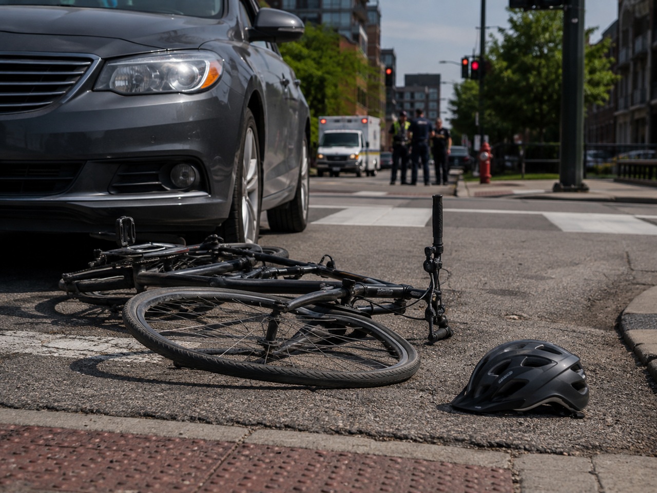 A mangled bicycle and a black helmet lie on the pavement at a crosswalk near a gray sedan, with police officers and an ambulance visible in the background, depicting the serious injuries that can result from even a low-speed collision between a motor vehicle and a bicyclist at a city intersection.