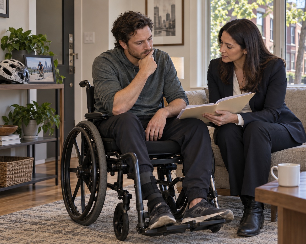 Chicago cyclist with a spinal cord injury discussing his case and long-term care needs with an attorney